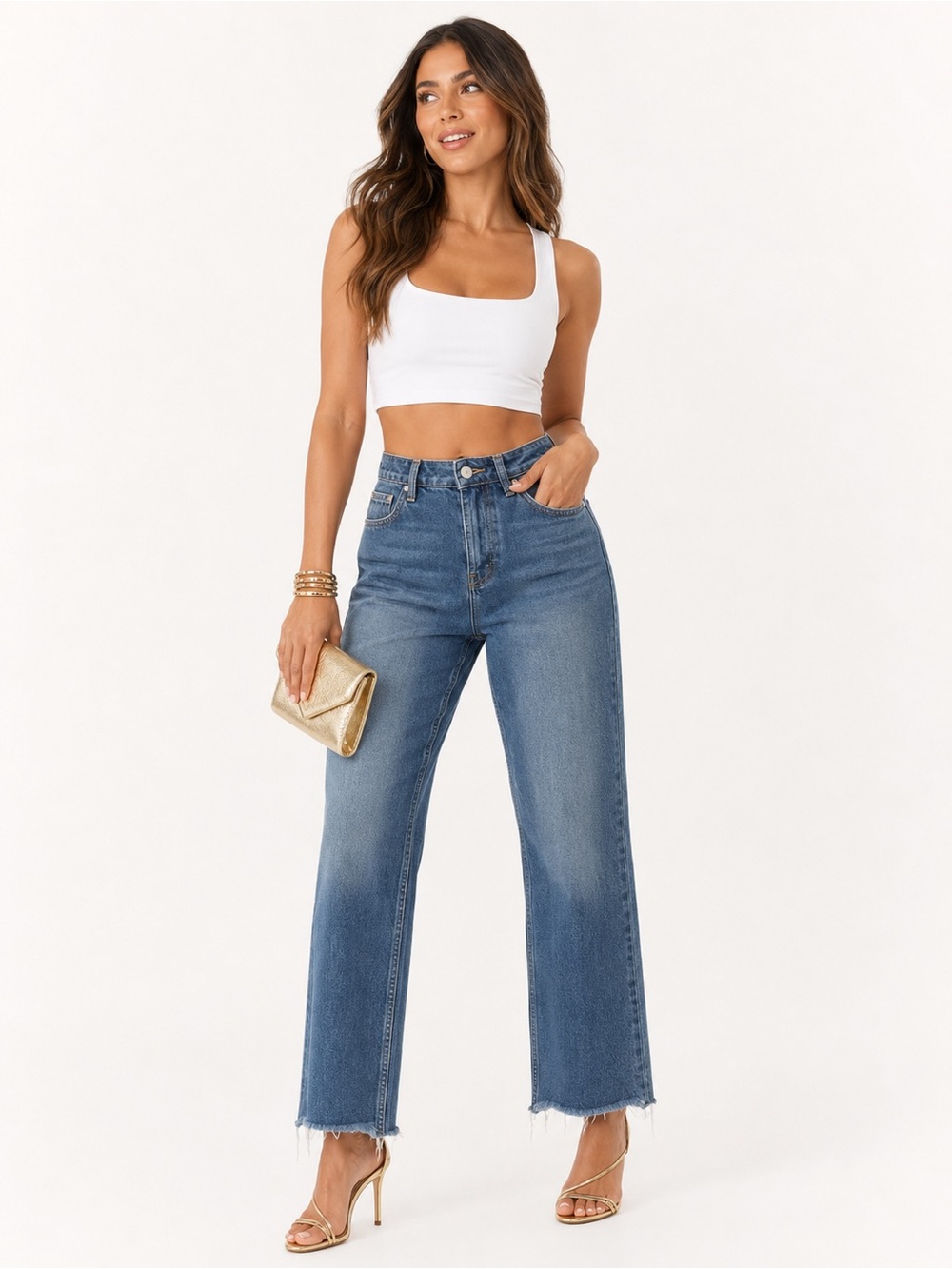 Zara High Rise Straight Leg Raw Hem Jeans Medium Wash Women’s Size 4